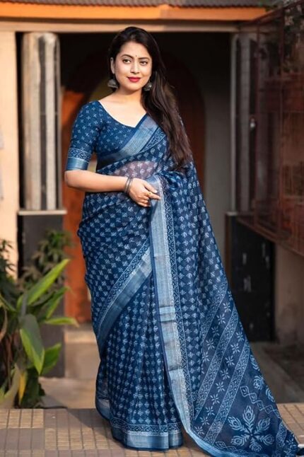 Women's Zari Pattu Border Mogra Batik Printed Soft Linen Cotton Saree With Blouse