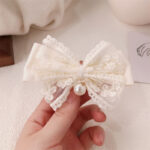 Small Chanel Style Lace Bow Hairpin Girl Versatile Pearl Bow Bangs Clip Side Hair Headband Hairpin - Image 6