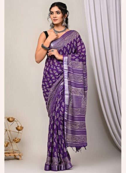 Premium Linen Cotton Purple Casual Wear Printed Saree